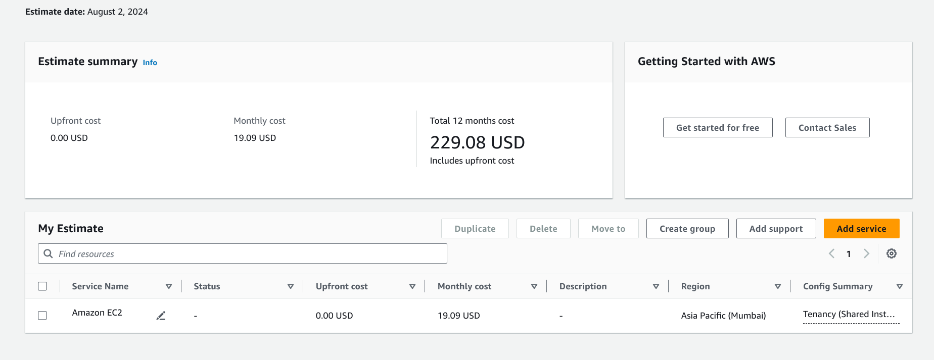 AWS cost estimation