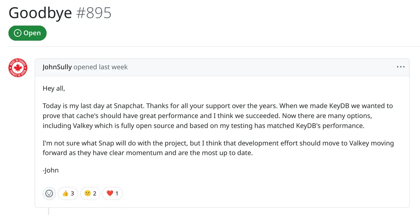 KeyDB GitHub issue - Goodbye